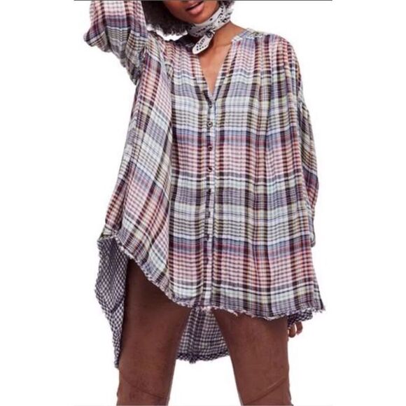Free People 'Come Over Buttondown’ plaid flowy gauzy women’s Size Small - Picture 2 of 10